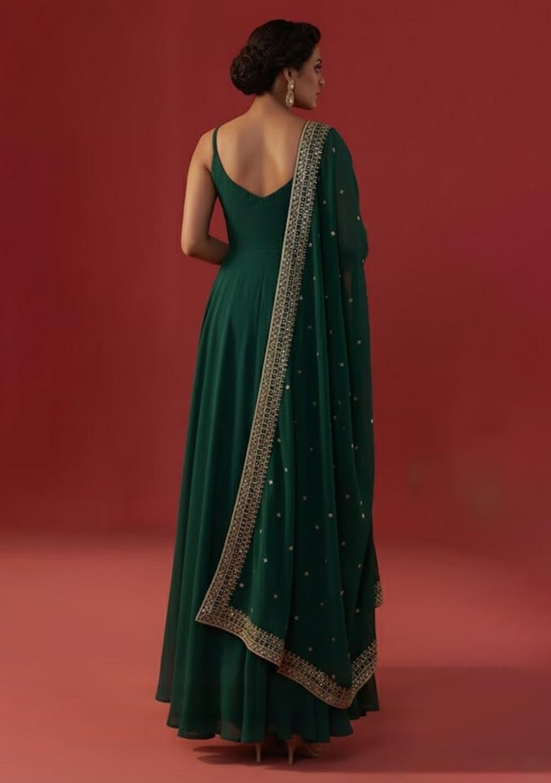 Dark Green Embroidered Georgette Anarkali With Dupatta - Indya