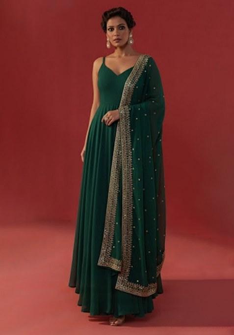 Dark Green Embroidered Georgette Anarkali With Dupatta