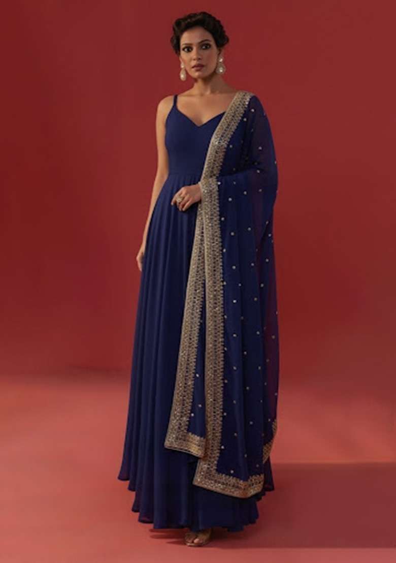Navy Blue Embroidered Georgette Anarkali With Dupatta - Indya