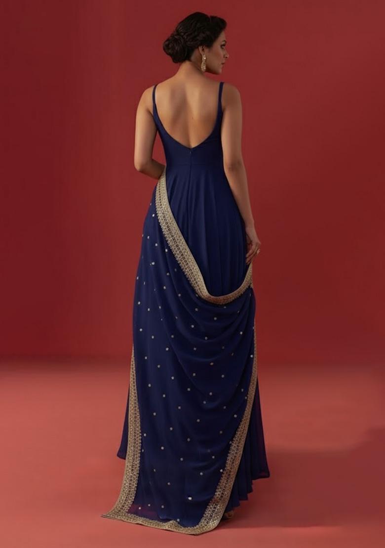 Navy Blue Embroidered Georgette Anarkali With Dupatta - Indya