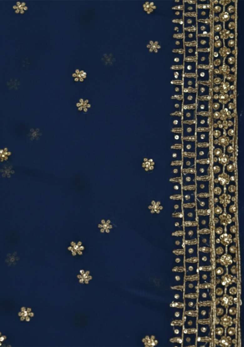 Navy Blue Embroidered Georgette Anarkali With Dupatta - Indya
