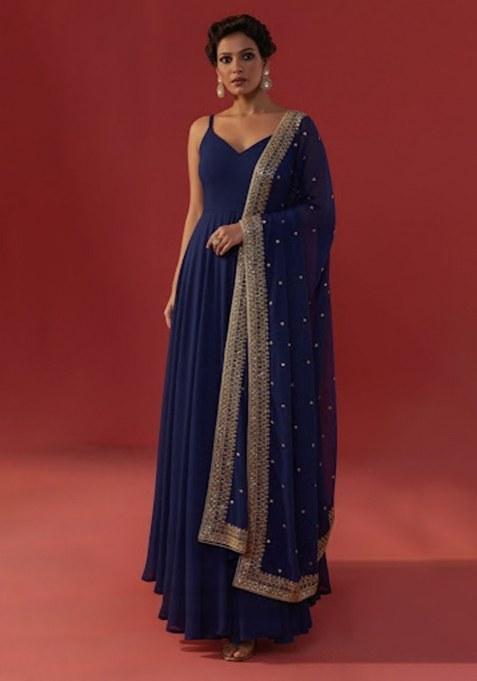 Navy Blue Embroidered Georgette Anarkali With Dupatta