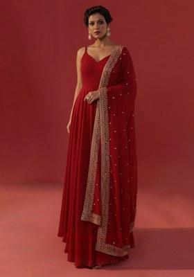 Red Embroidered Georgette Anarkali With Dupatta