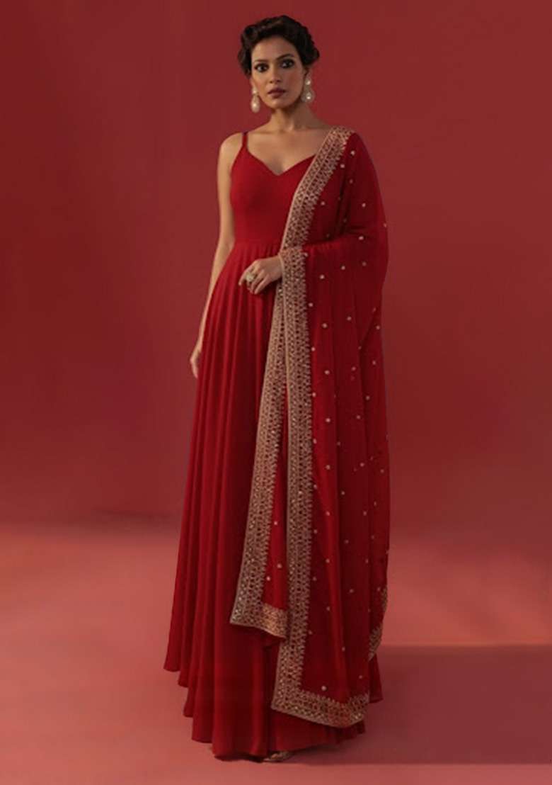 Red Embroidered Georgette Anarkali With Dupatta - Indya