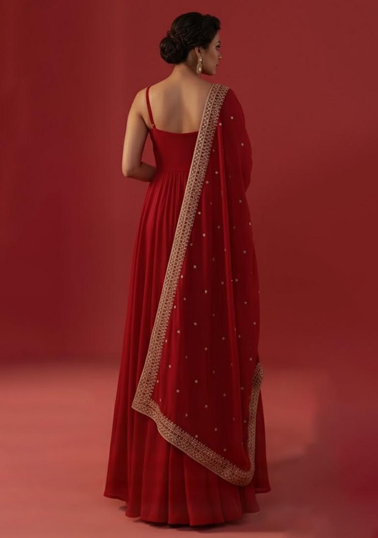 Red Embroidered Georgette Anarkali With Dupatta - Indya