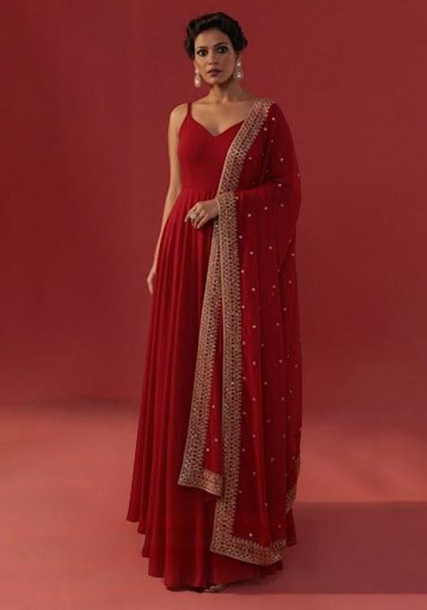 Red Embroidered Georgette Anarkali With Dupatta
