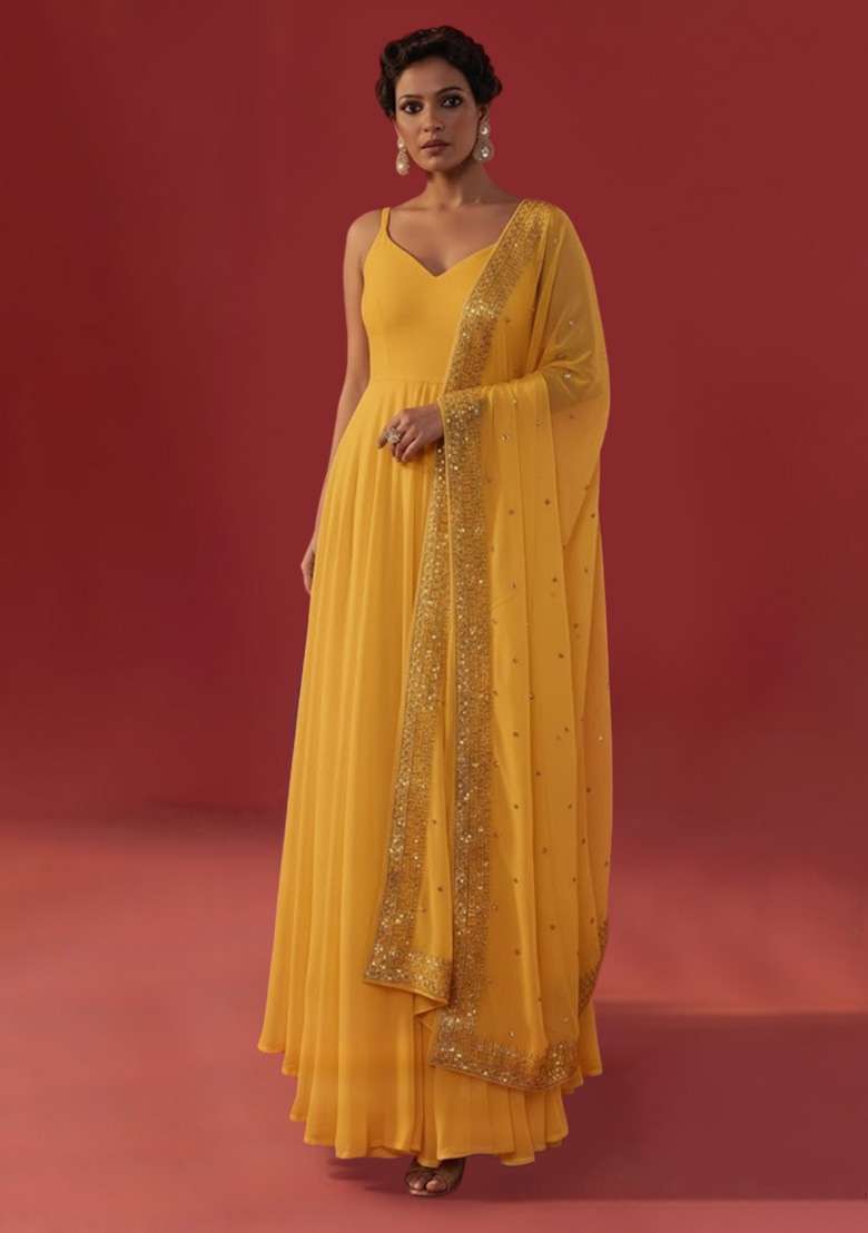 Yellow Embroidered Georgette Anarkali With Dupatta - Indya