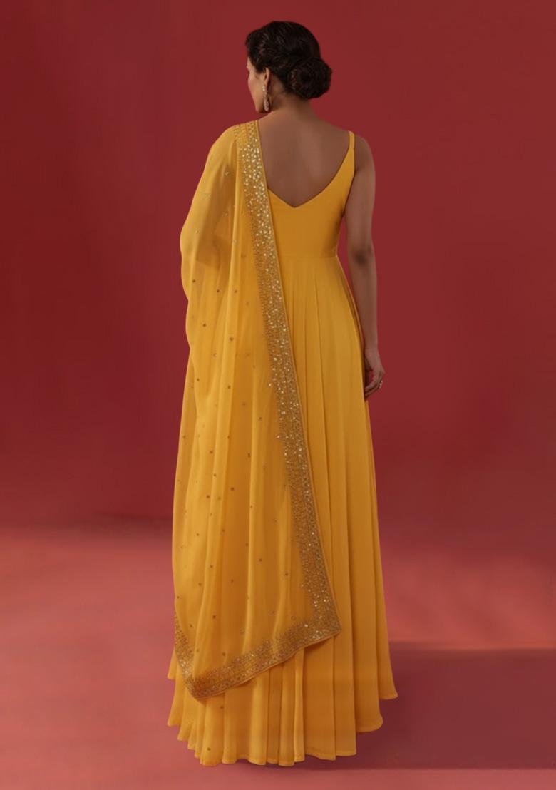 Yellow Embroidered Georgette Anarkali With Dupatta - Indya