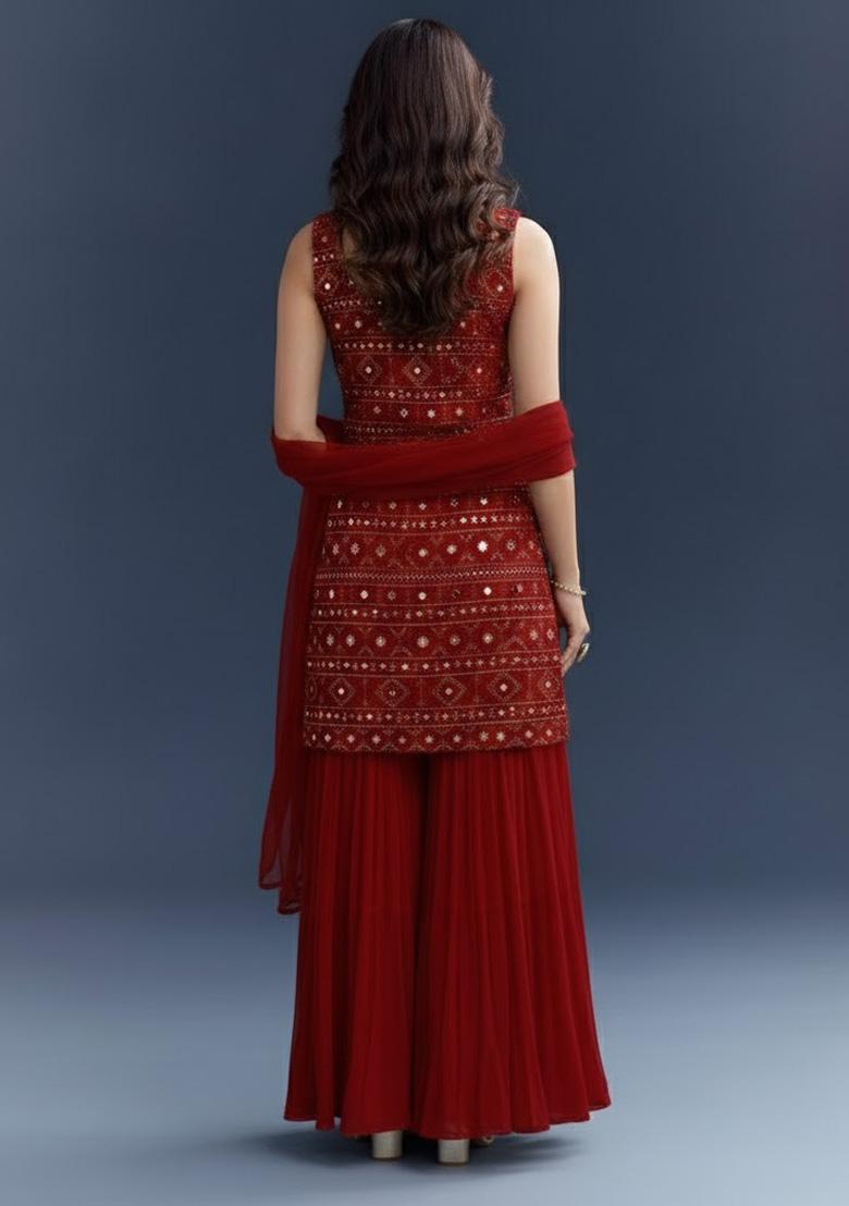 Red Embroidered Georgette Sharara Set - Indya