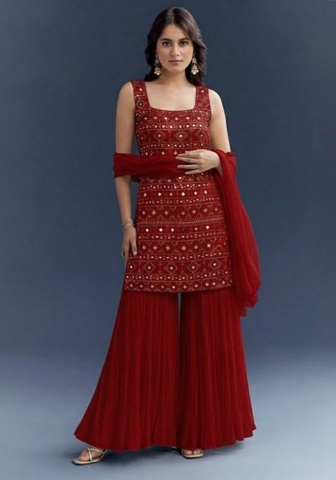 Red Embroidered Georgette Sharara Set