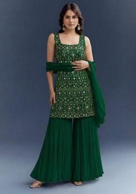 Dark Green Embroidered Georgette Sharara Set