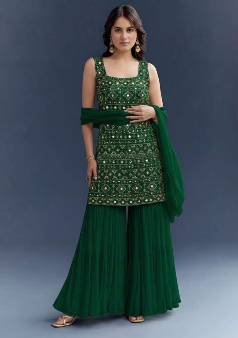 Dark Green Embroidered Georgette Sharara Set - Indya