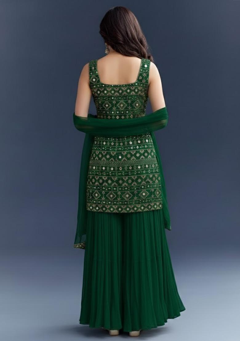 Dark Green Embroidered Georgette Sharara Set - Indya