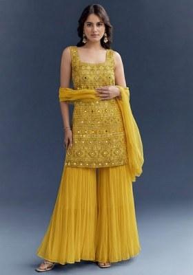 Yellow Embroidered Georgette Sharara Set