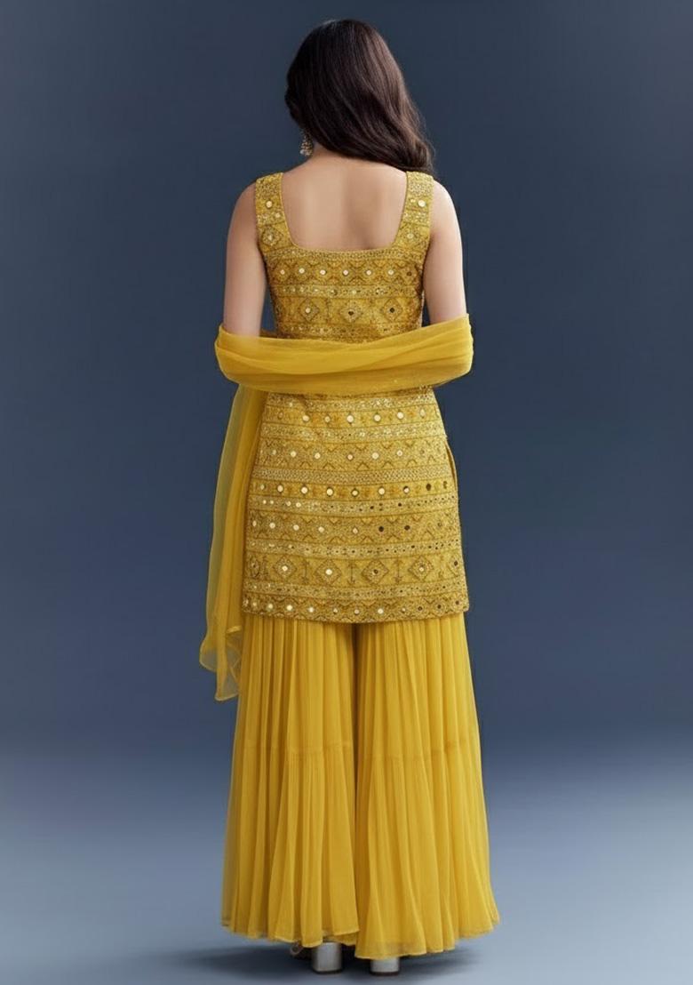 Yellow Embroidered Georgette Sharara Set - Indya