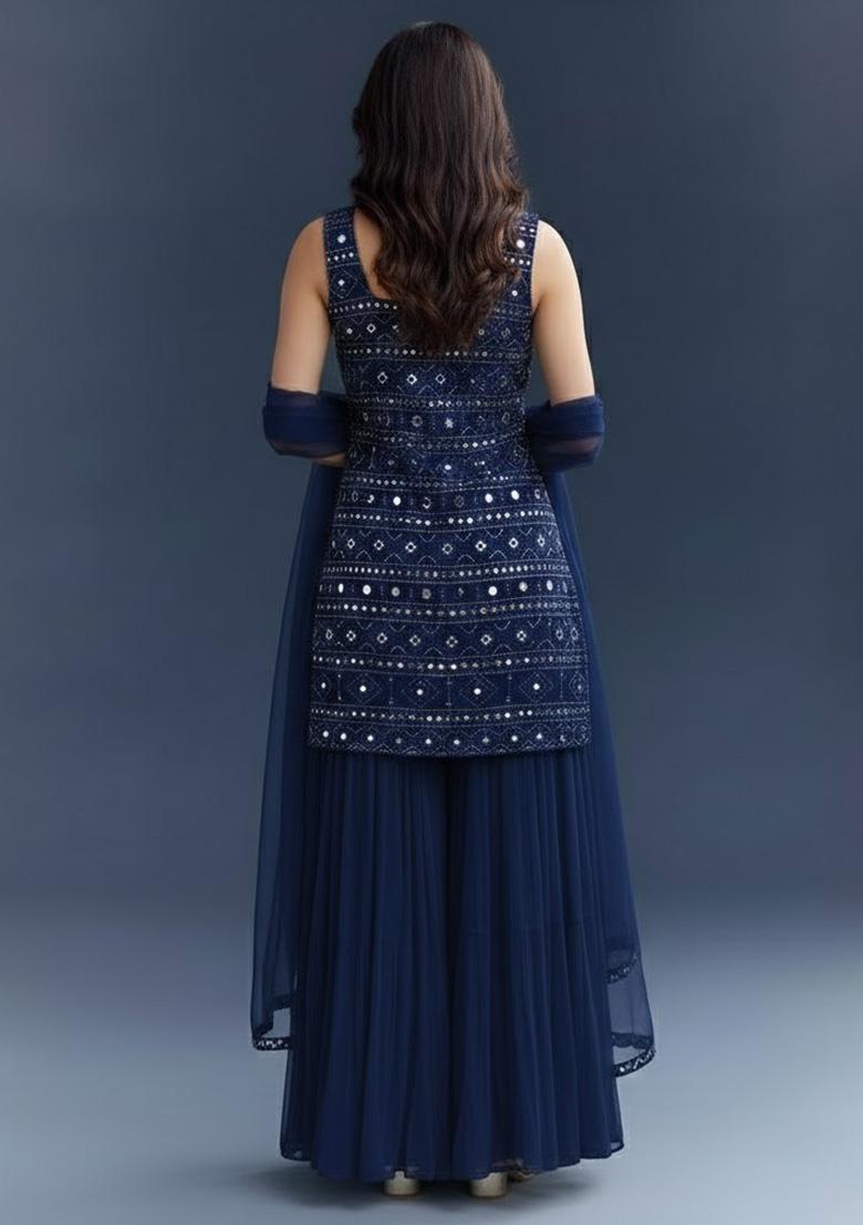 Navy Blue Embroidered Georgette Sharara Set - Indya