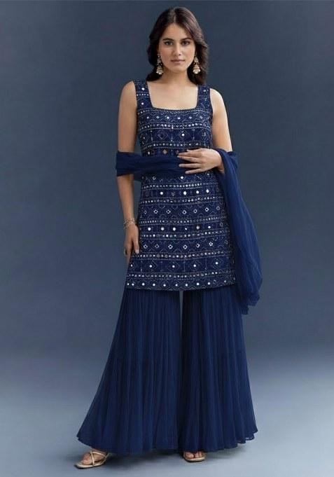 Navy Blue Embroidered Georgette Sharara Set