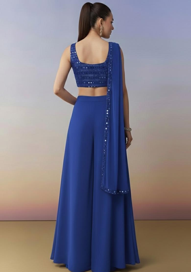 Blue Embroidered Georgette Fusion Set - Indya