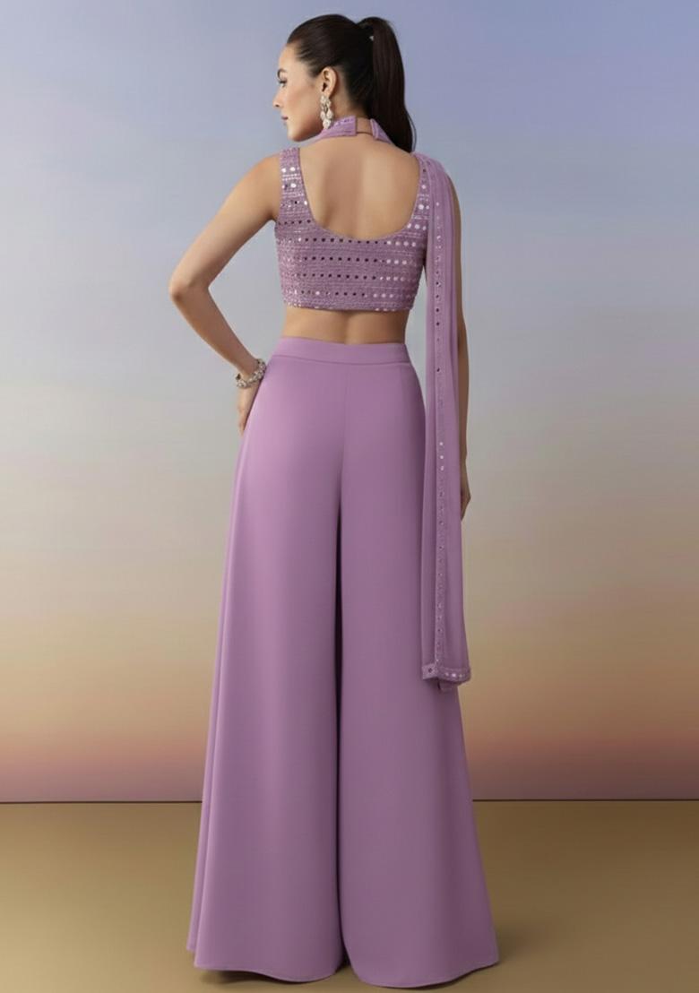 Lavender Embroidered Georgette Fusion Set - Indya