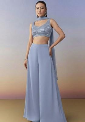 Powder Blue Embroidered Georgette Fusion Set