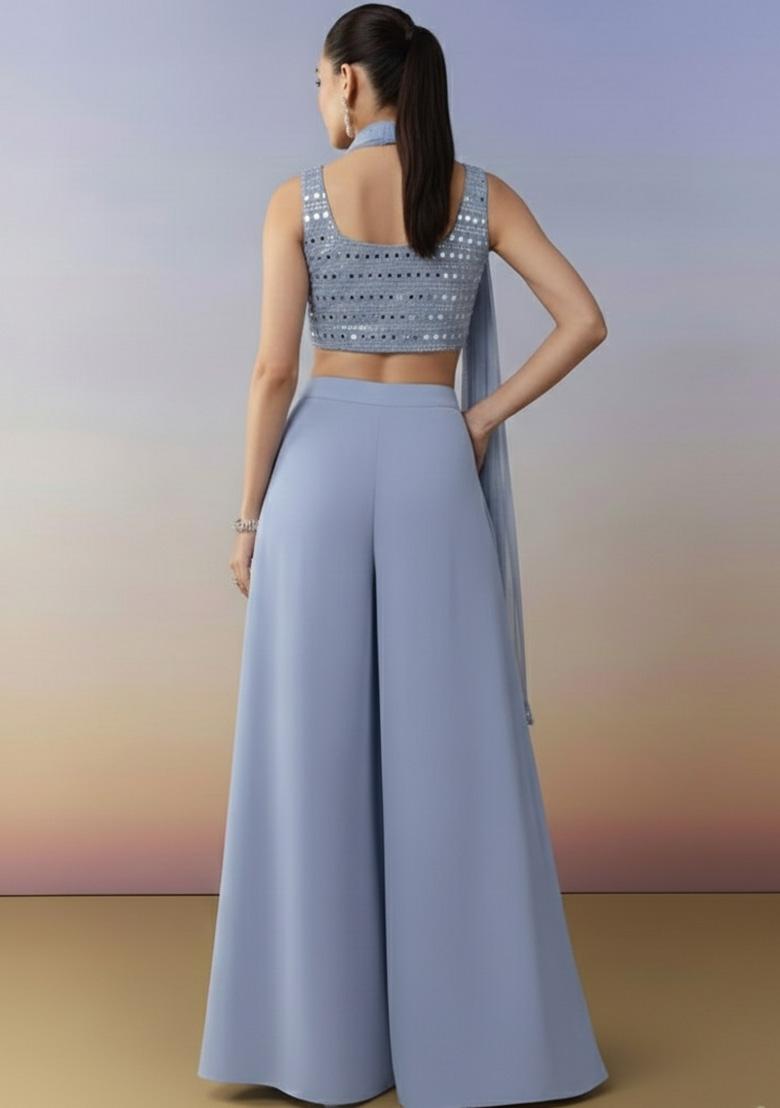 Powder Blue Embroidered Georgette Fusion Set - Indya