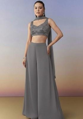 Grey Embroidered Georgette Fusion Set