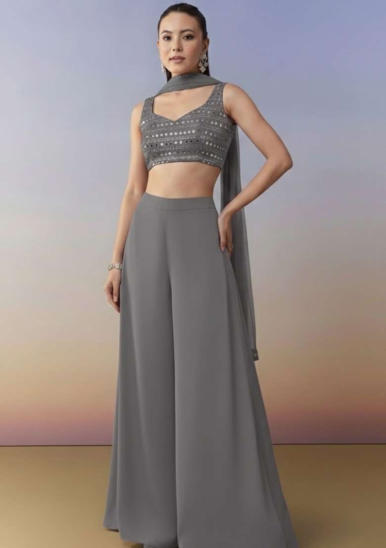 Grey Embroidered Georgette Fusion Set for Diwali and Festive Wear - Indya