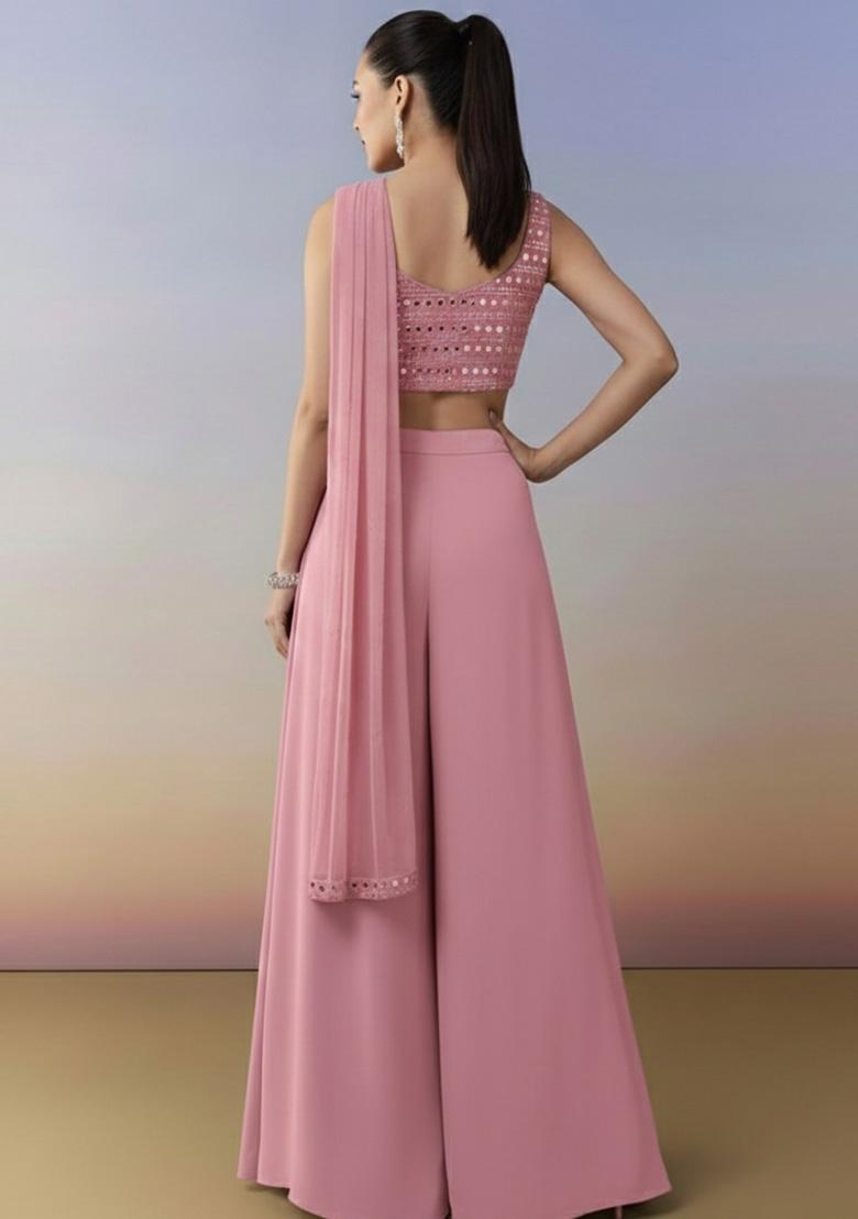 Soft Pink Embroidered Georgette Fusion Set - Indya