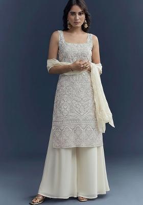 Off White Embroidered Georgette Sharara Set