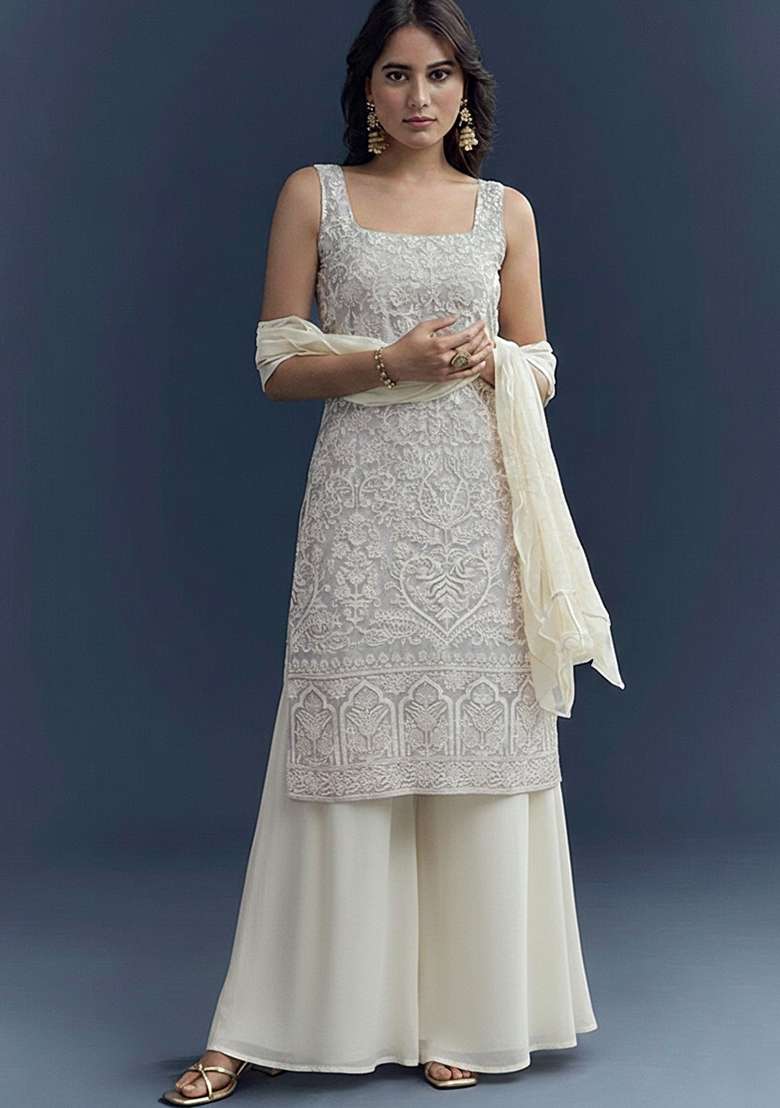 Off White Embroidered Georgette Sharara Set - Indya