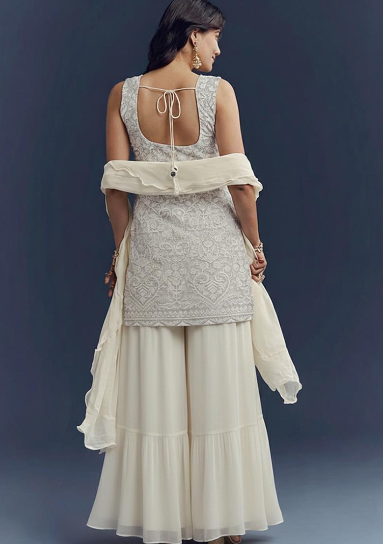 Off White Embroidered Georgette Sharara Set - Indya
