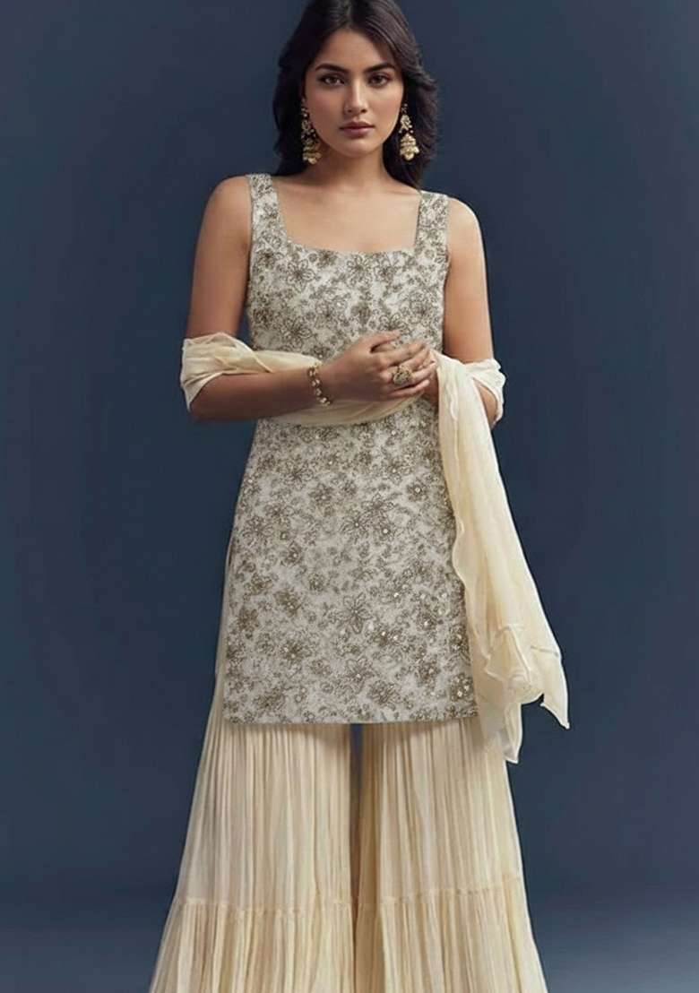 Cream Embroidered Georgette Sharara Set - Indya