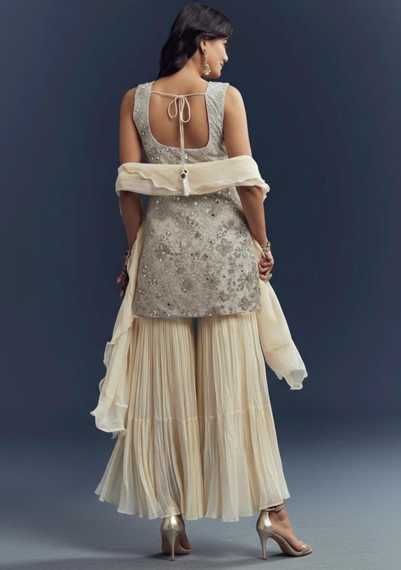 Cream Embroidered Georgette Sharara Set - Indya
