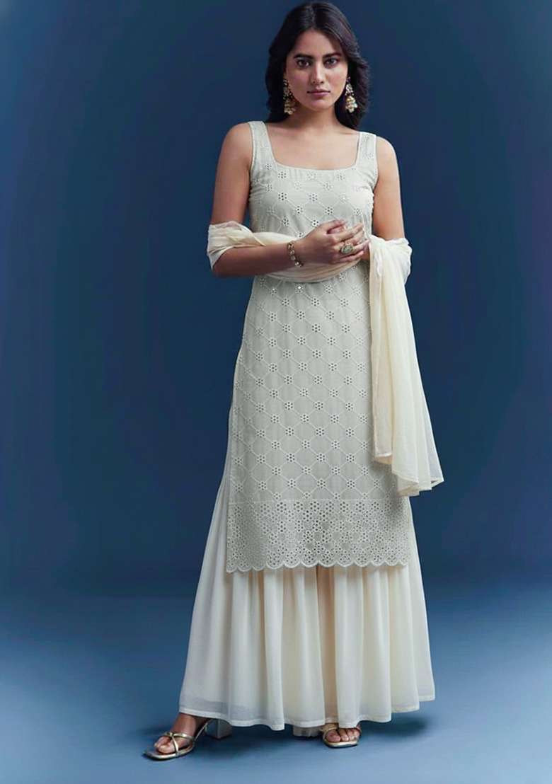 Off White Embroidered Georgette Sharara Set - Indya