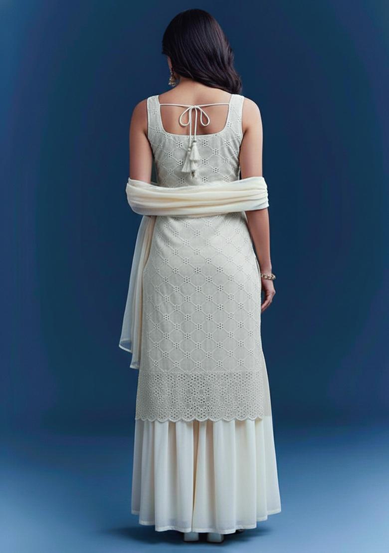 Off White Embroidered Georgette Sharara Set - Indya