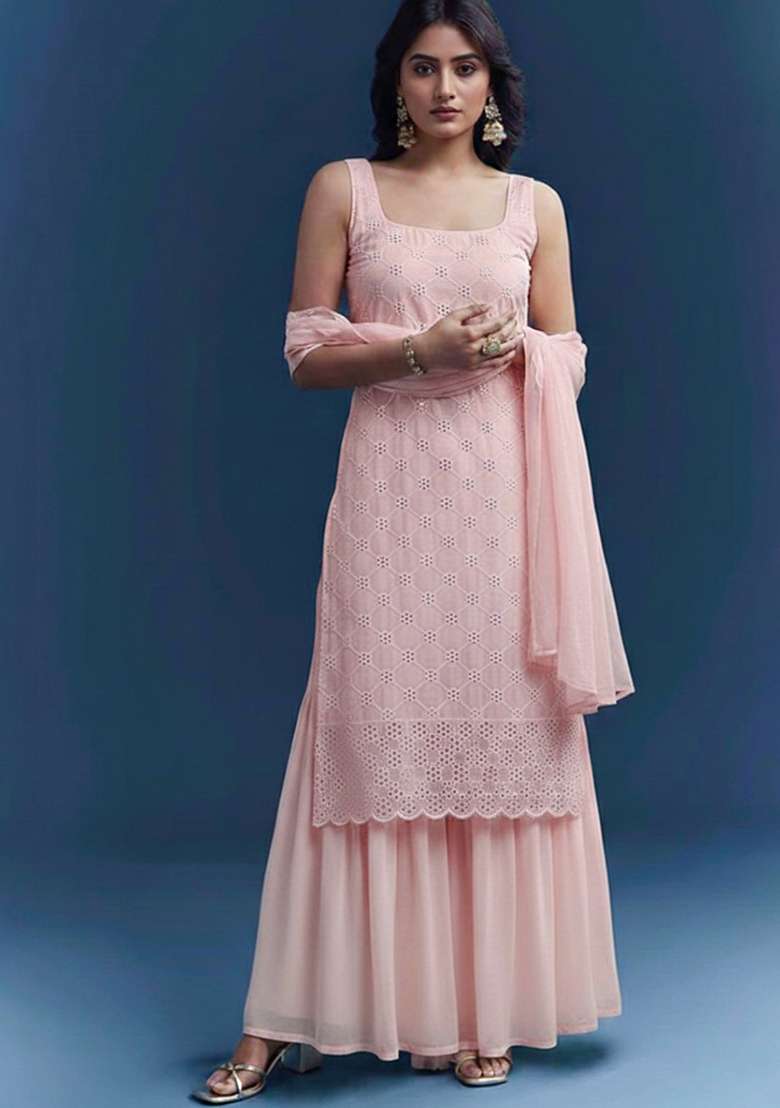 Light Pink Embroidered Georgette Sharara Set - Indya