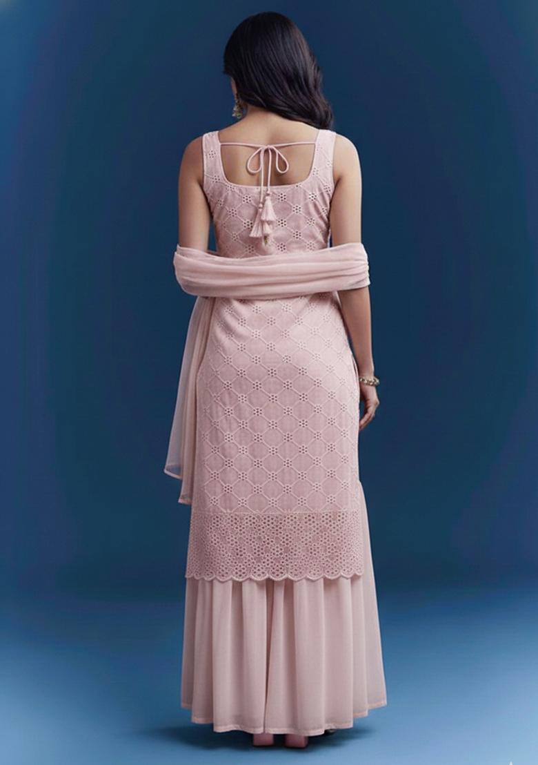 Light Pink Embroidered Georgette Sharara Set - Indya