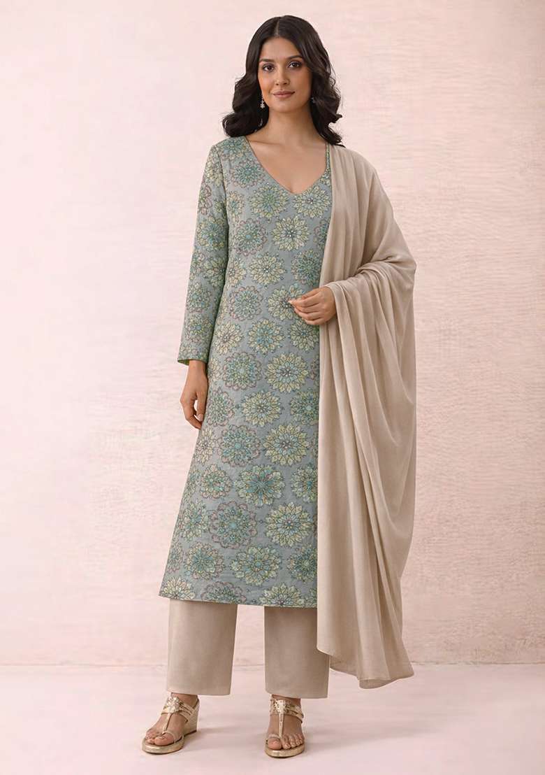 Beige Floral Print Crepe Straight Kurta Set - Indya