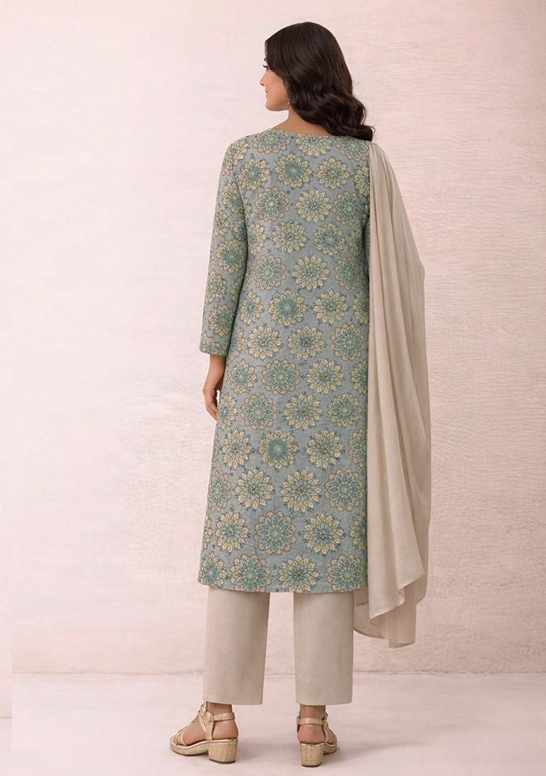Beige Embroidered Crepe Kurta Set - Indya