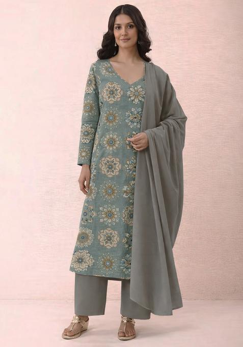 Grey Embroidered Crepe Straight Kurta Set
