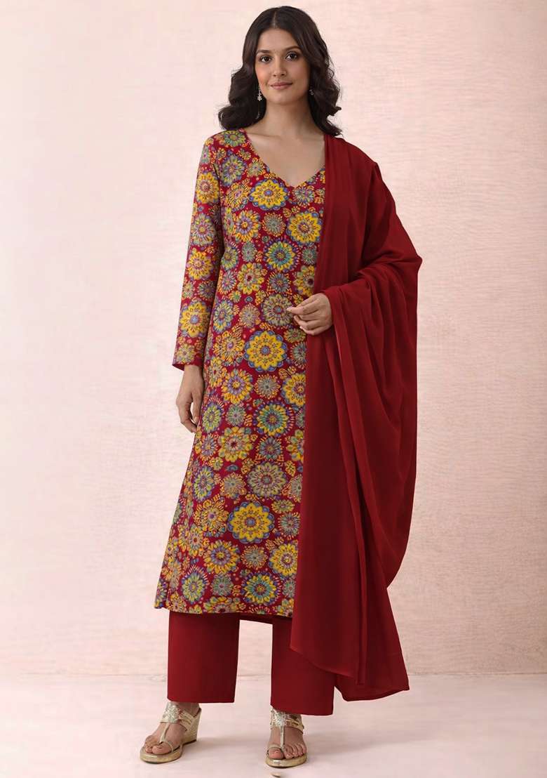 Red Floral Print Crepe Straight Kurta Set - Indya