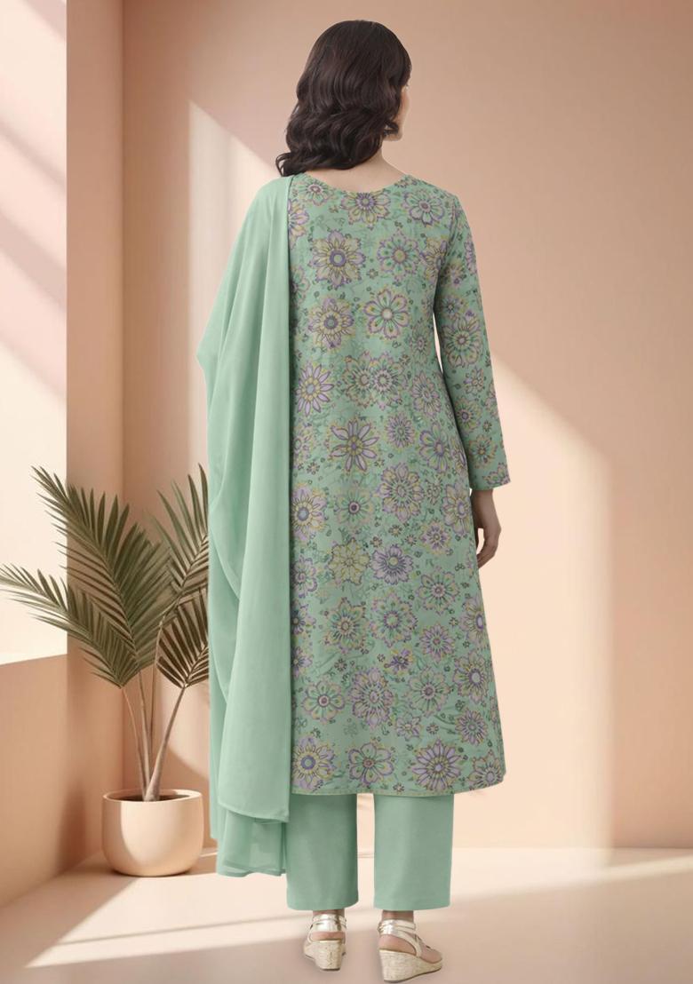 Sage Green Embroidered Crepe Kurta Set - Indya