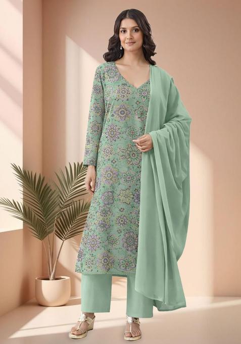 Sage Green Printed Crepe Straight Kurta Set