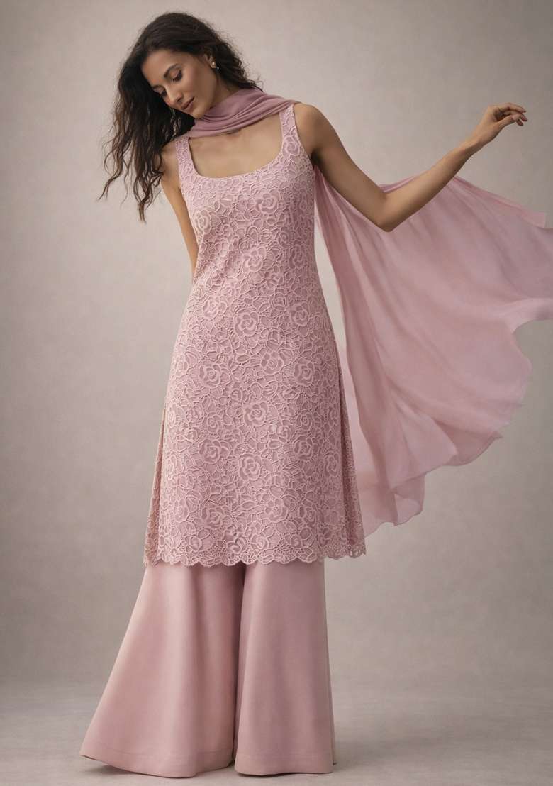Light Pink Embroidered Crepe Sharara Set - Indya
