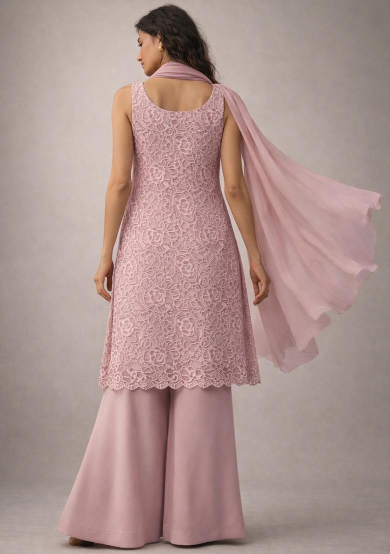 Light Pink Embroidered Crepe Sharara Set - Indya