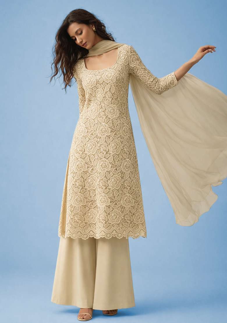 Light Beige Embroidered Crepe Sharara Set - Indya