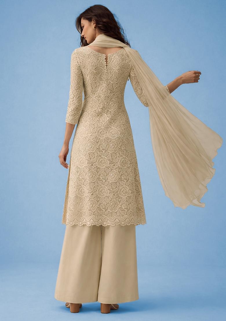 Light Beige Embroidered Crepe Sharara Set - Indya