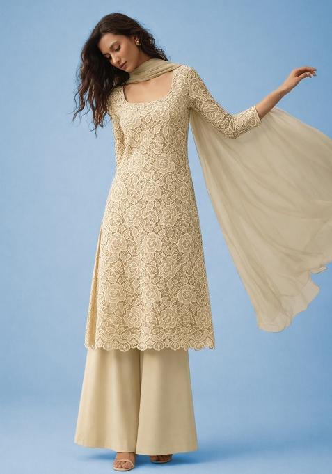 Light Beige Embroidered Crepe Sharara Set