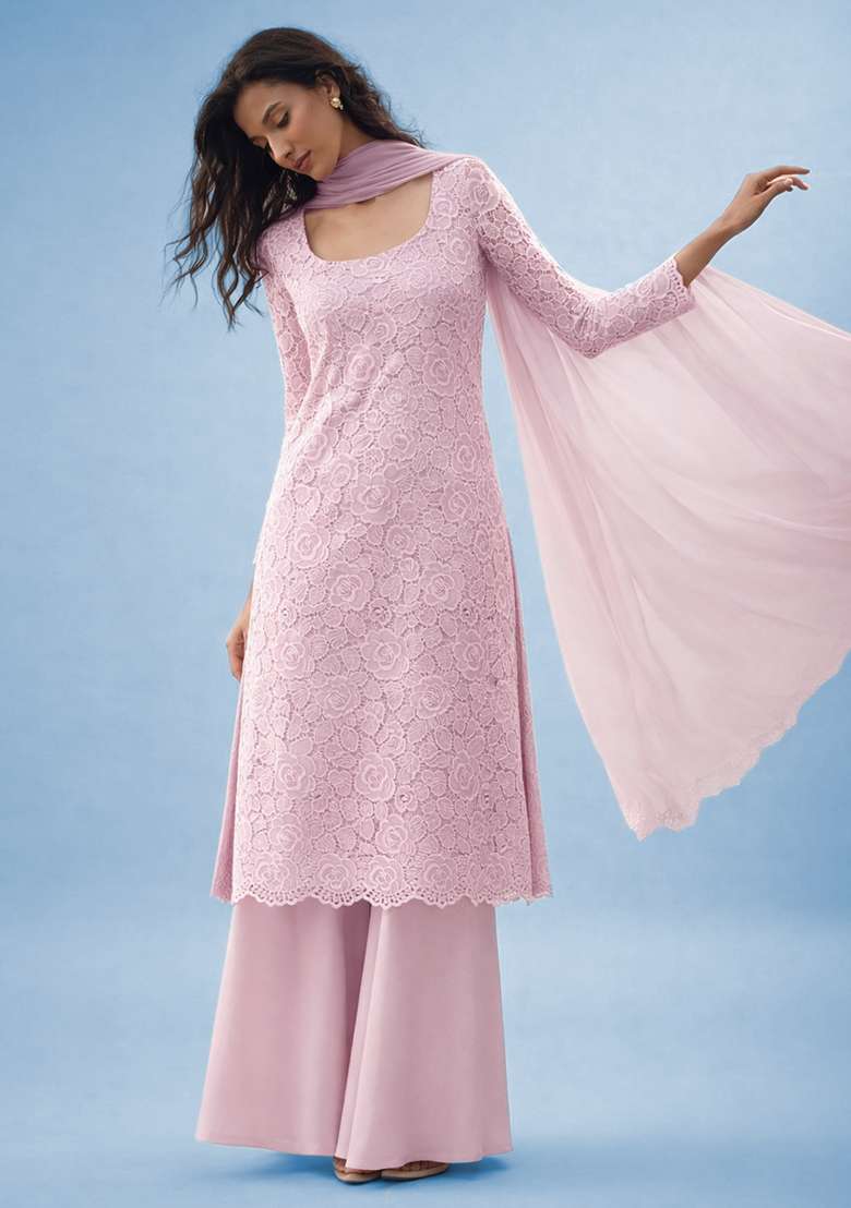 Light Pink Embroidered Crepe Sharara Set - Indya