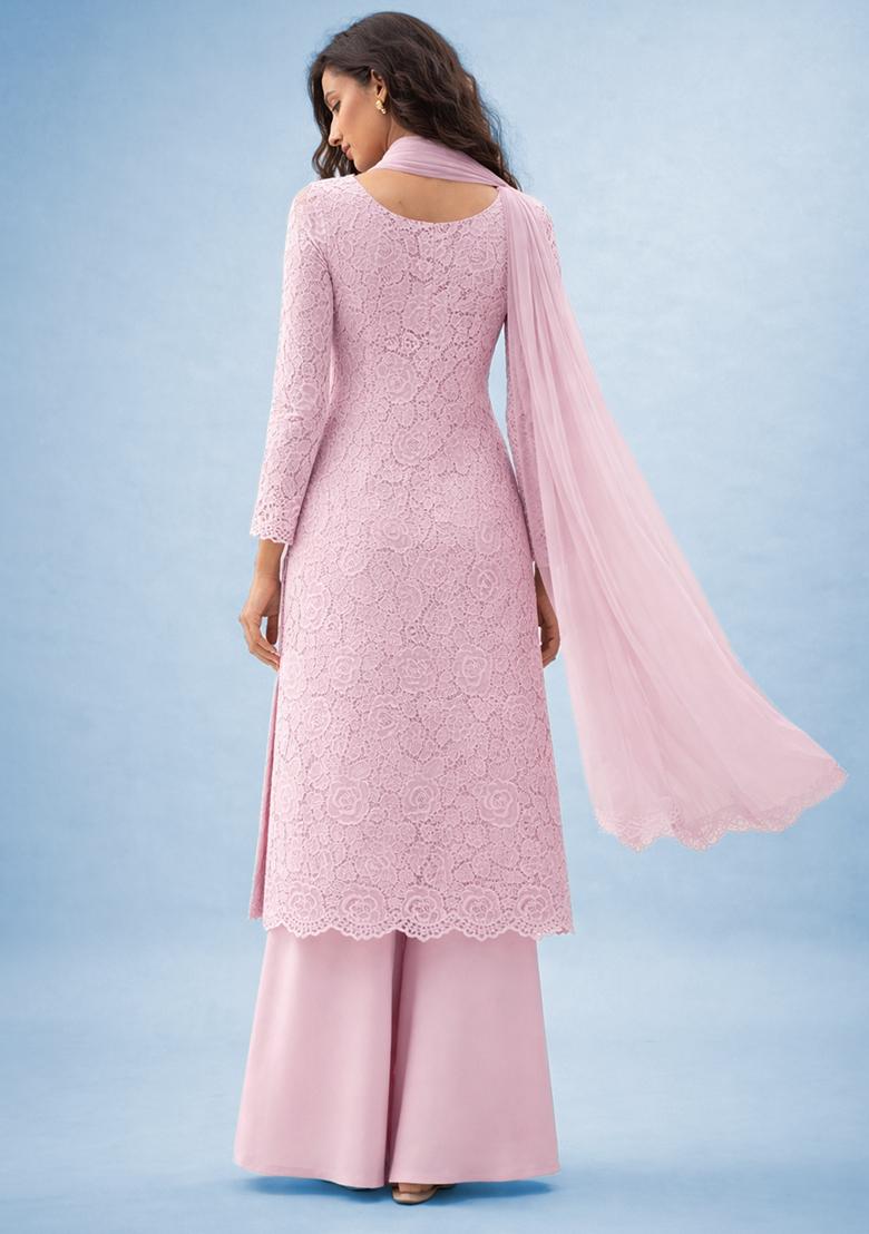 Light Pink Embroidered Crepe Sharara Set - Indya